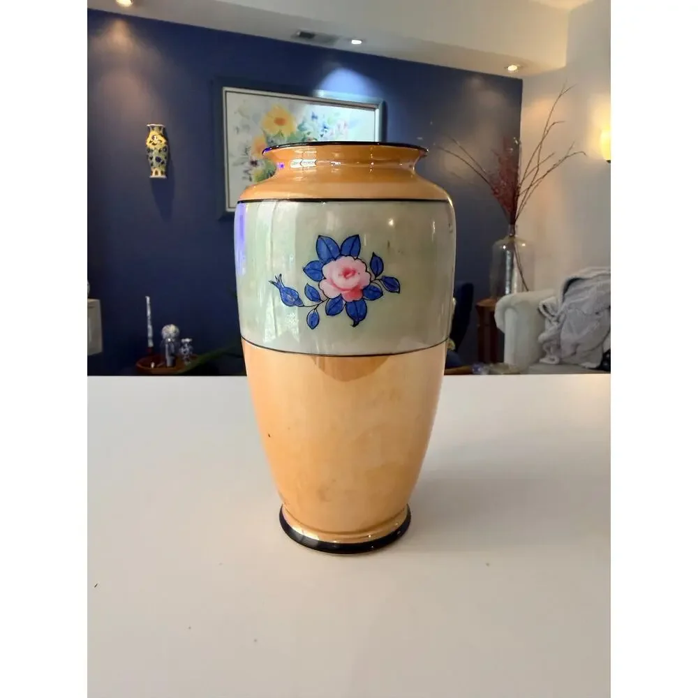 Vintage Hand Painted Japanese Lusterware Vase Parrots & Pink Roses 7.5